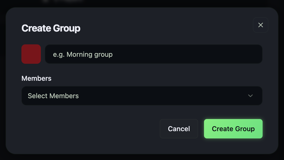 Create Group flow with name field and user selector