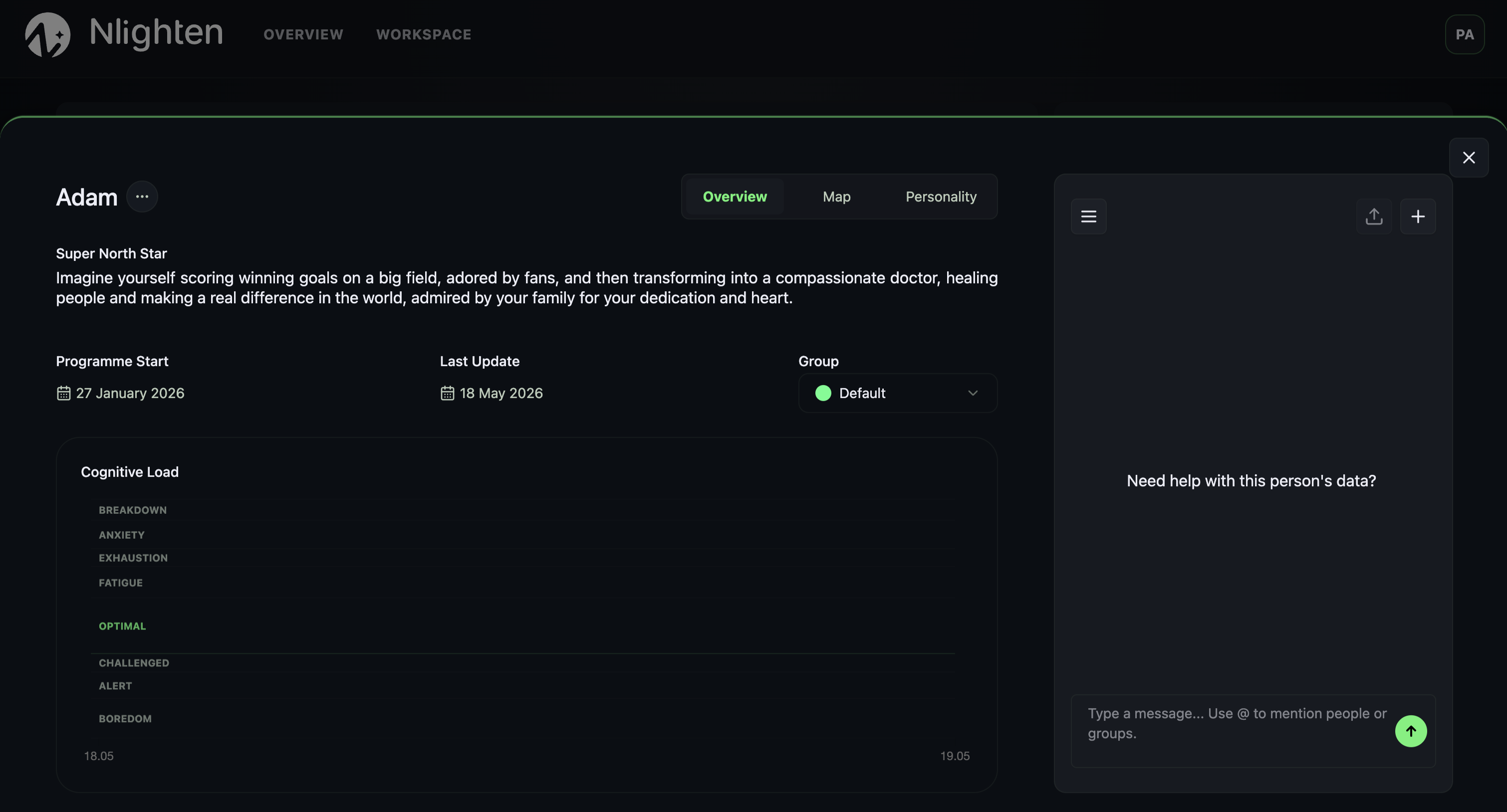 Individual User Data page with Overview, Map and Personality tabs